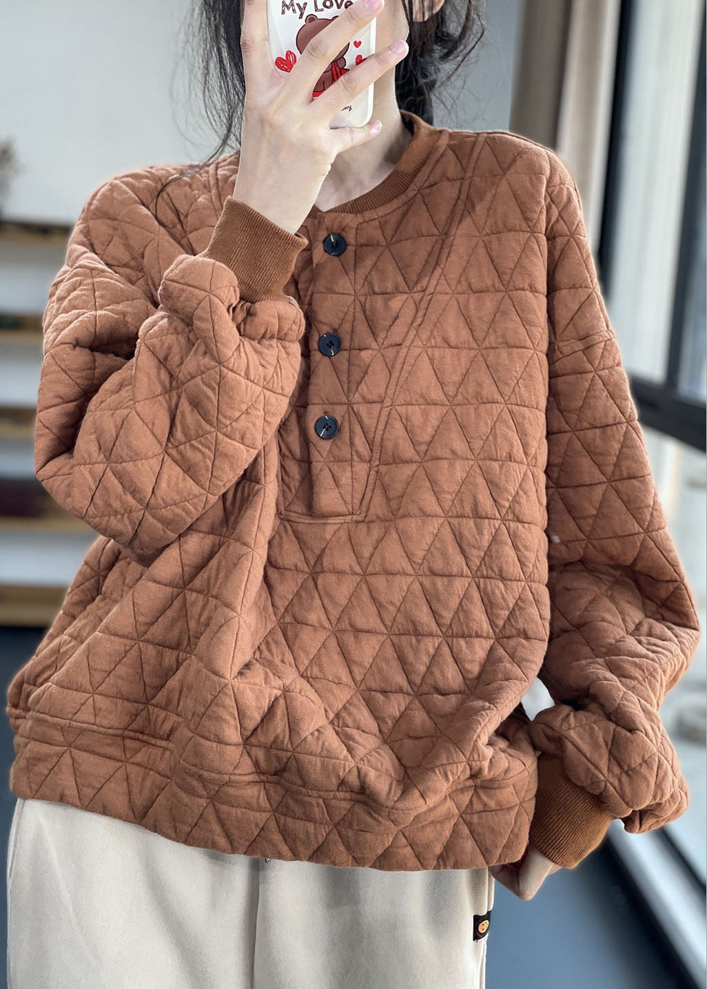 Caramel Button Fine Cotton Filled Sweatshirt Street wear Winter