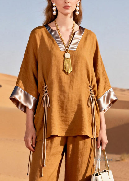 Caramel Cinched Silk Patchwork Two Piece Set V Neck Spring