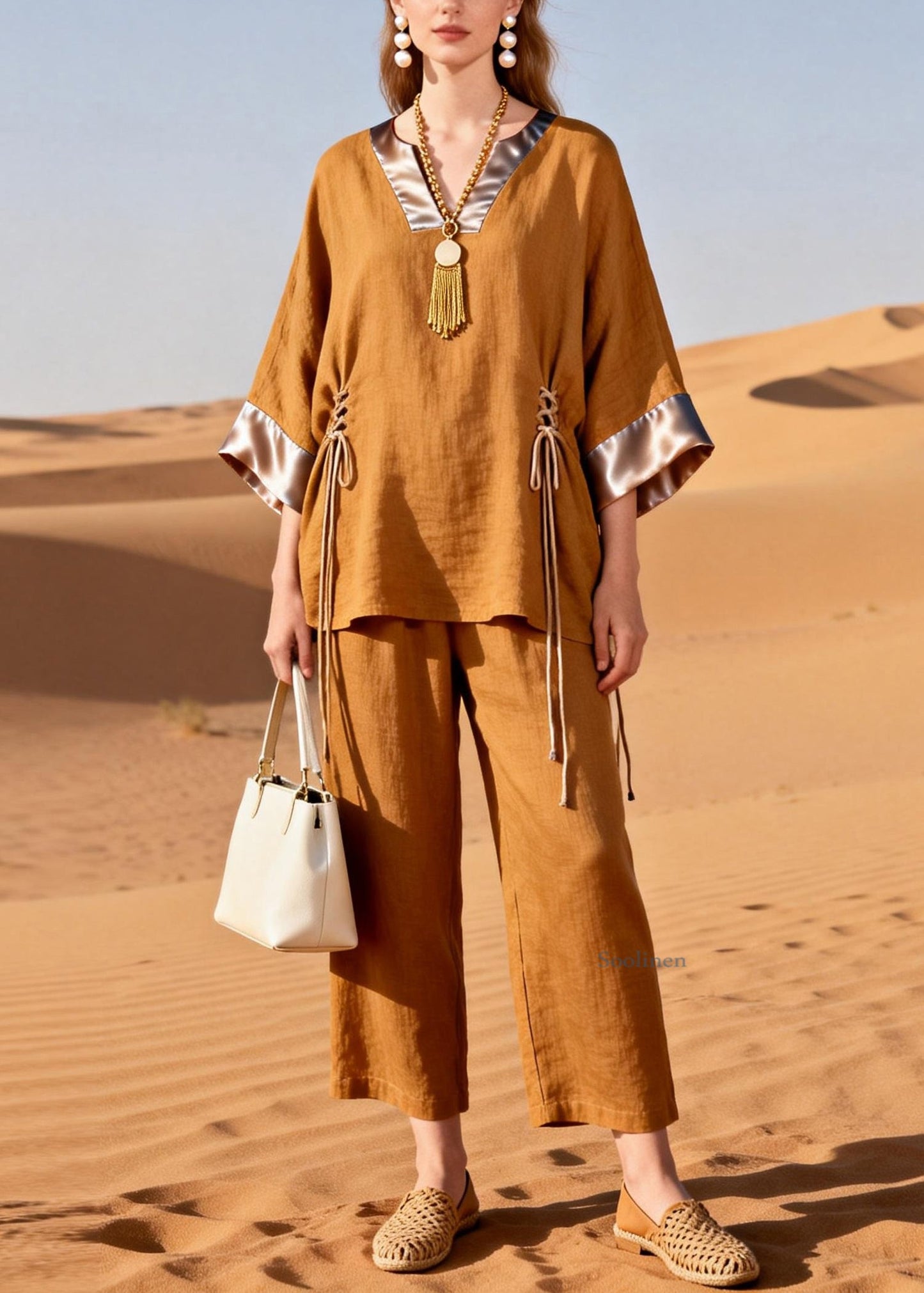 Caramel Cinched Silk Patchwork Two Piece Set V Neck Spring