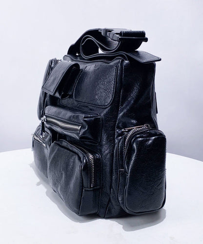 Casual  Black Asymmetrical Pockets Faux Leather Message Bag