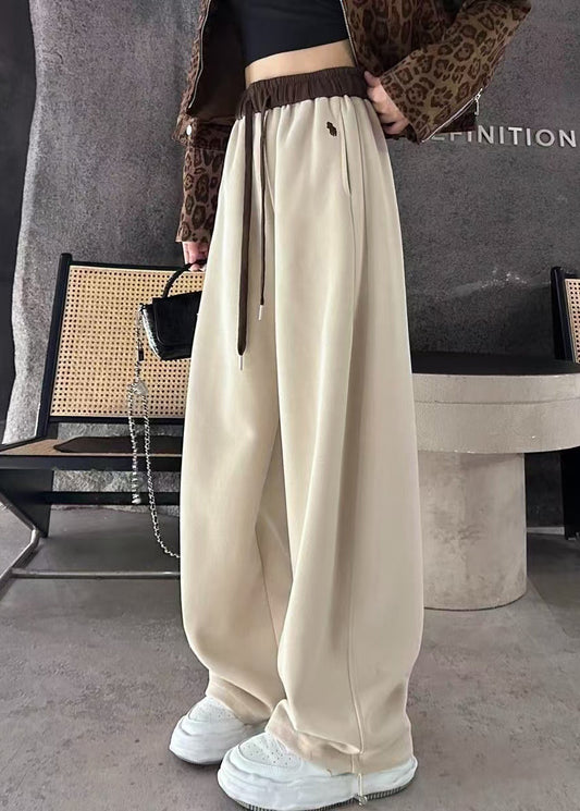 Casual Apricot Elastic Waist Warm Fleece Wide Leg Pants Winter