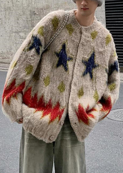 Casual Apricot Five Pointed Star Plaid Knit Men Coats Winter