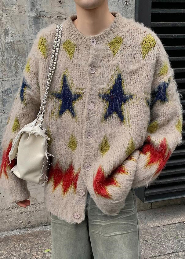 Casual Apricot Five Pointed Star Plaid Knit Men Coats Winter