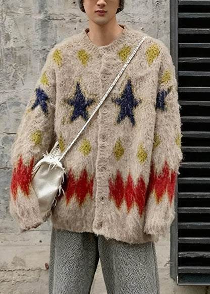 Casual Apricot Five Pointed Star Plaid Knit Men Coats Winter