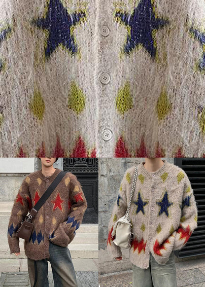 Casual Apricot Five Pointed Star Plaid Knit Men Coats Winter