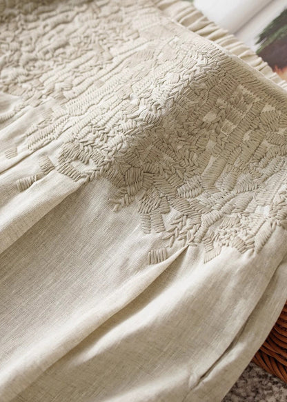 Lässige, aprikosenfarbene Leinenhose mit hohem Bund, Stickerei und weitem Bein für den Frühling