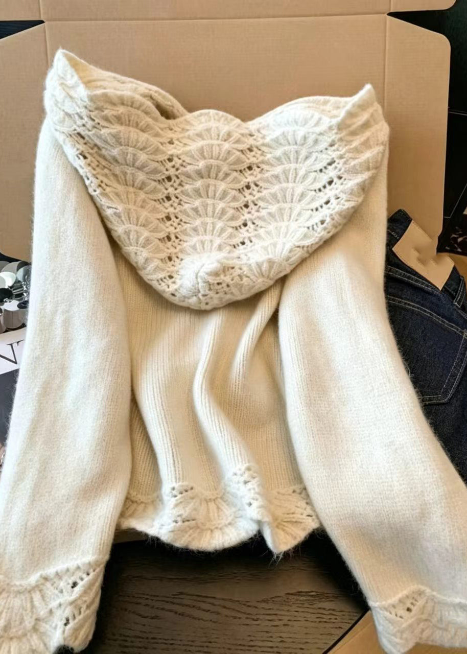 Casual Apricot Hollow Out Hooded Knit Cardigan Fall