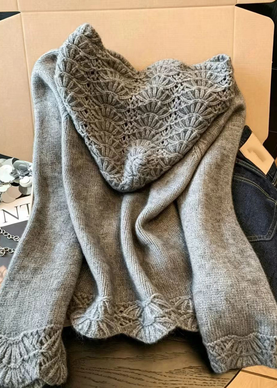 Casual Apricot Hollow Out Hooded Knit Cardigan Fall