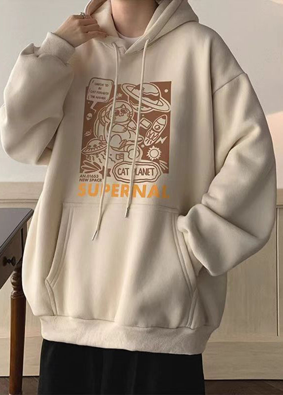 Casual Apricot Hooded Print Warm Fleece Men Sweatshirt Winter