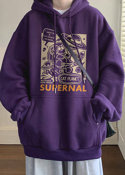 Casual Apricot Hooded Print Warm Fleece Men Sweatshirt Winter