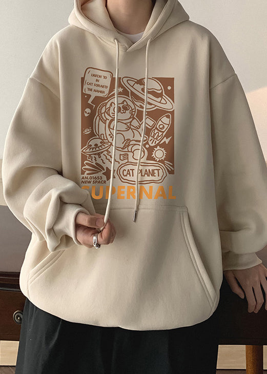 Casual Apricot Hooded Print Warm Fleece Men Sweatshirt Winter