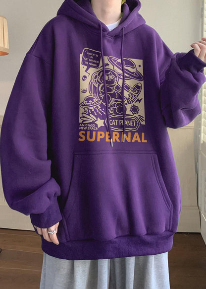 Casual Apricot Hooded Print Warm Fleece Men Sweatshirt Winter