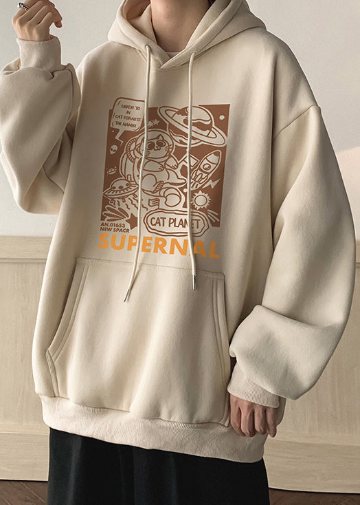 Casual Apricot Hooded Print Warm Fleece Men Sweatshirt Winter