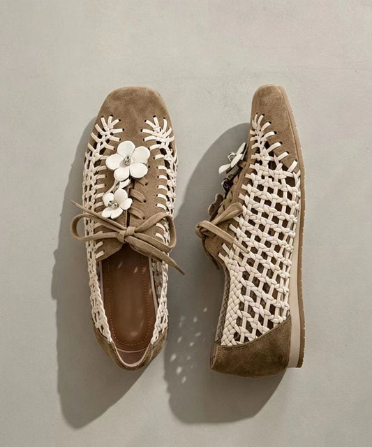 Casual Apricot Lace Up Floral Suede Splicing Hollow Out Flats Shoes