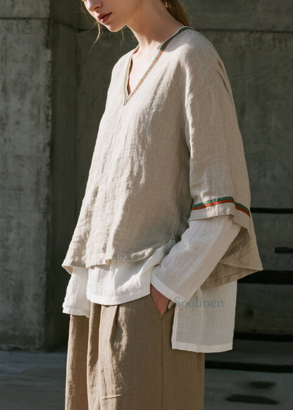 Casual Apricot Oversized Patchwork Cotton Fake Two Piece Shirts Spring