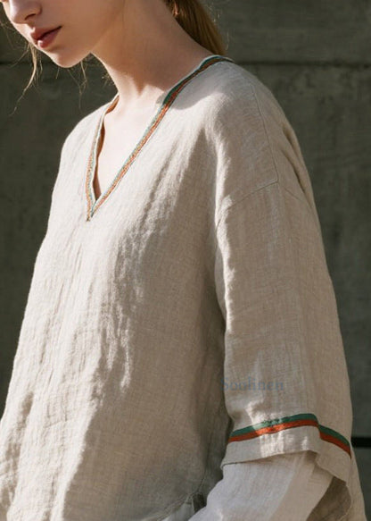 Casual Apricot Oversized Patchwork Cotton Fake Two Piece Shirts Spring