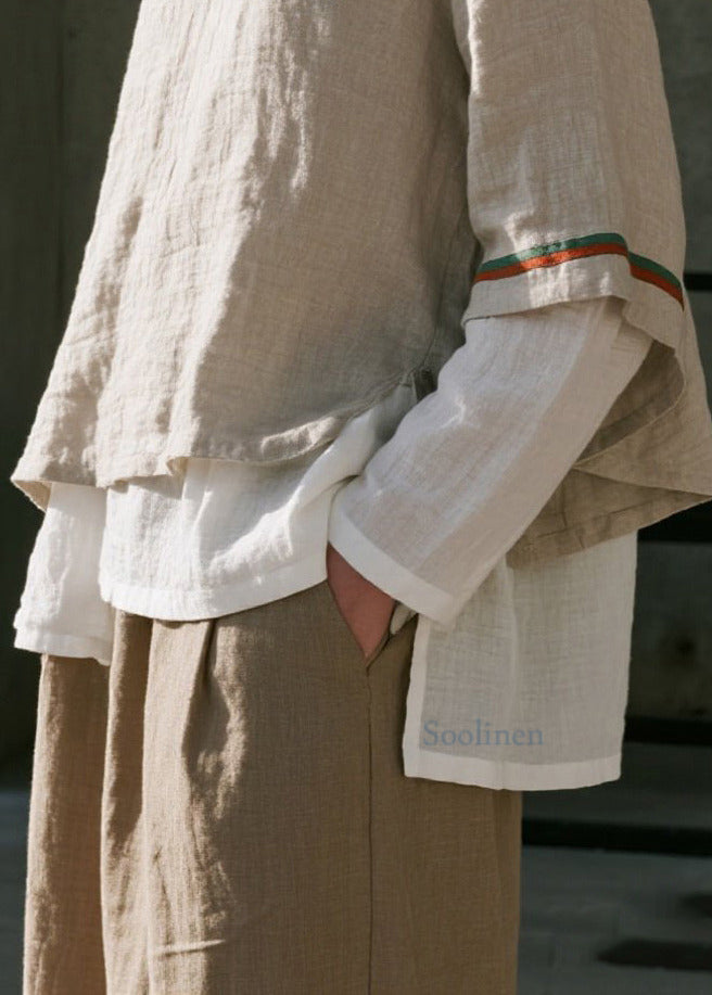 Casual Apricot Oversized Patchwork Cotton Fake Two Piece Shirts Spring