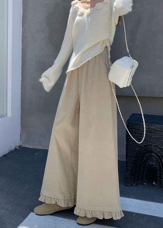 Lässige aprikosenfarbene Cordhose mit Rüschen und elastischem Bund für den Frühling