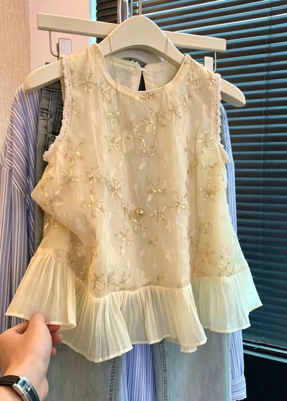 Casual Apricot Sequins Patchwork Chiffon Shirt Sleeveless