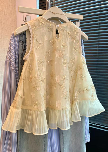 Casual Apricot Sequins Patchwork Chiffon Shirt Sleeveless