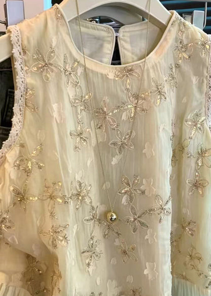 Casual Apricot Sequins Patchwork Chiffon Shirt Sleeveless