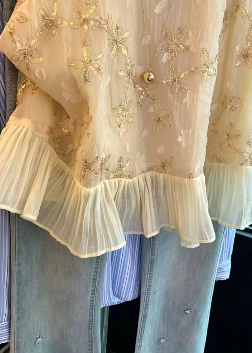 Casual Apricot Sequins Patchwork Chiffon Shirt Sleeveless