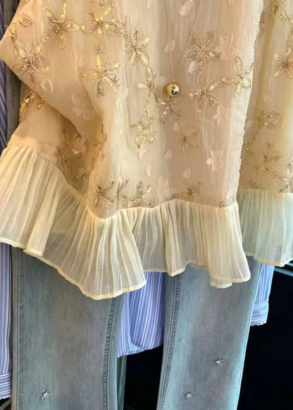Casual Apricot Sequins Patchwork Chiffon Shirt Sleeveless