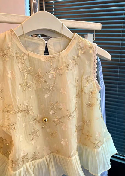 Casual Apricot Sequins Patchwork Chiffon Shirt Sleeveless