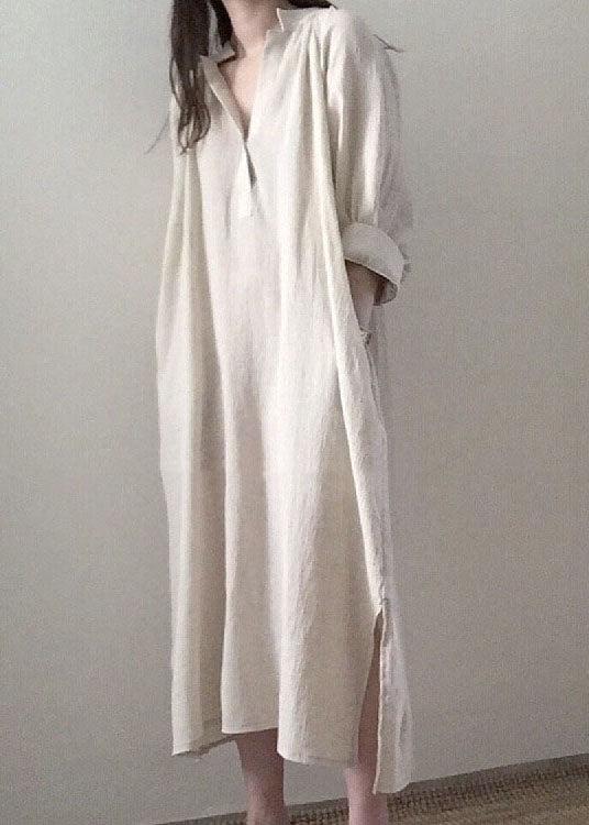 Lässige Apricot Side Open Stand Collar Baumwollkleider Langarm