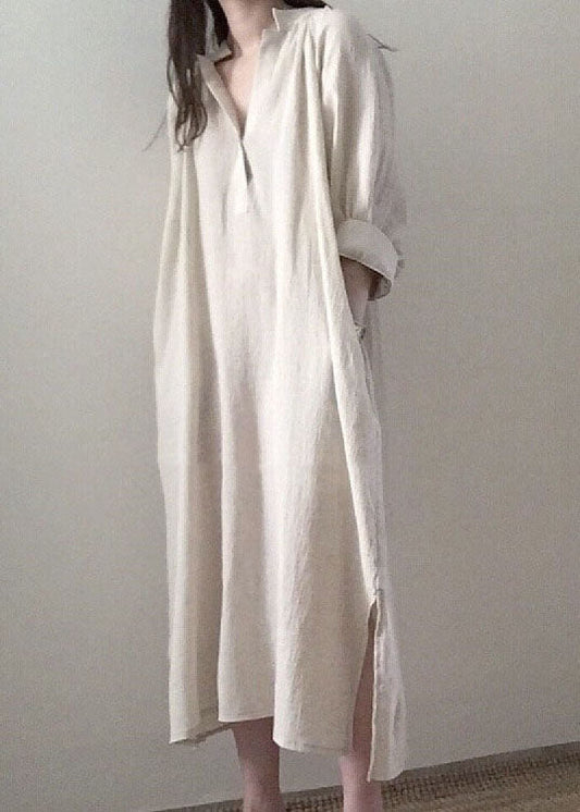 Lässige Apricot Side Open Stand Collar Baumwollkleider Langarm