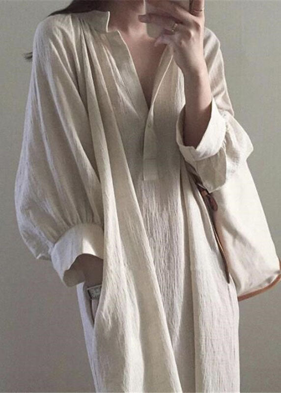 Lässige Apricot Side Open Stand Collar Baumwollkleider Langarm