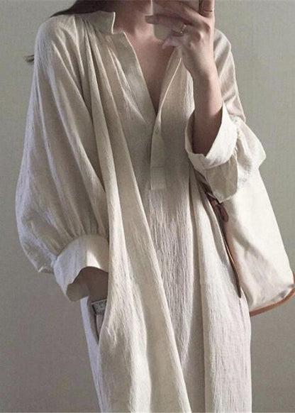 Lässige Apricot Side Open Stand Collar Baumwollkleider Langarm