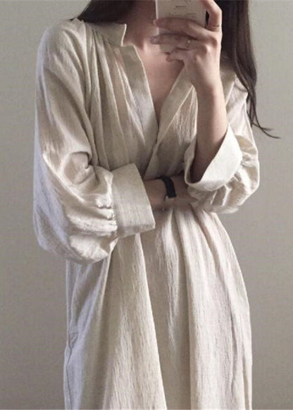 Lässige Apricot Side Open Stand Collar Baumwollkleider Langarm