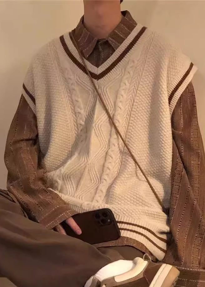 Casual Apricot V Neck Cozy Cable Knit Men Vest Sleeveless