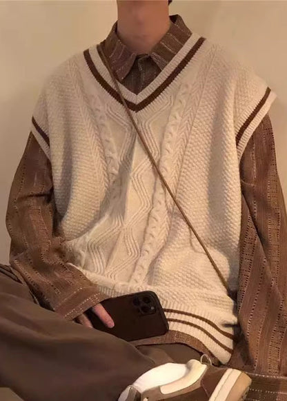 Casual Apricot V Neck Cozy Cable Knit Men Vest Sleeveless