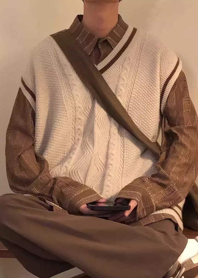 Casual Apricot V Neck Cozy Cable Knit Men Vest Sleeveless