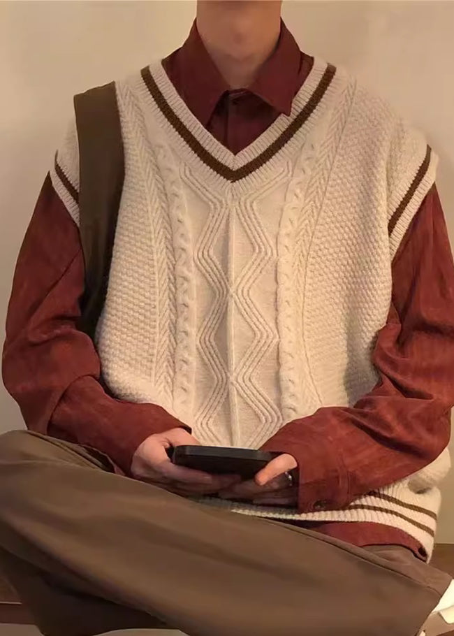Casual Apricot V Neck Cozy Cable Knit Men Vest Sleeveless