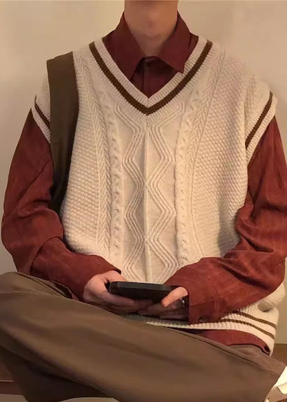 Casual Apricot V Neck Cozy Cable Knit Men Vest Sleeveless