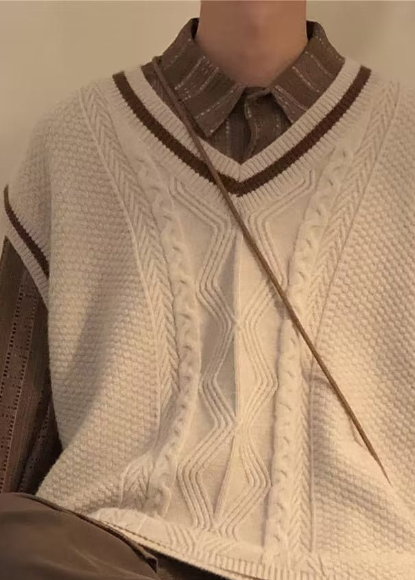 Casual Apricot V Neck Cozy Cable Knit Men Vest Sleeveless