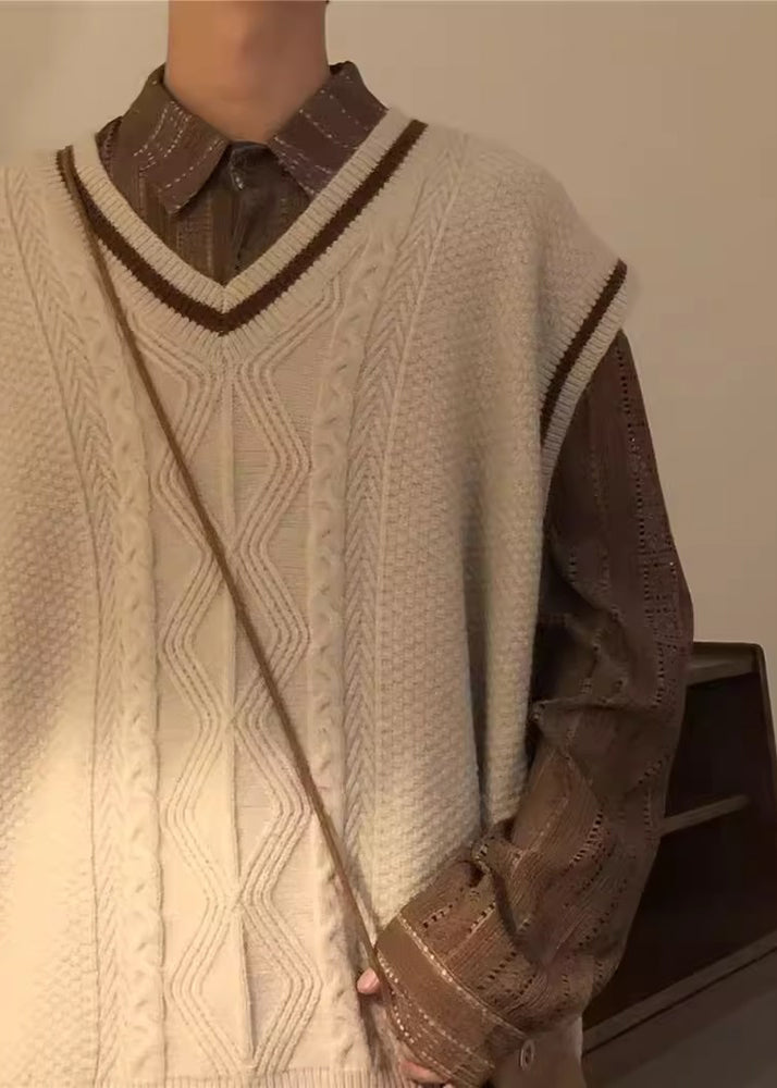 Casual Apricot V Neck Cozy Cable Knit Men Vest Sleeveless