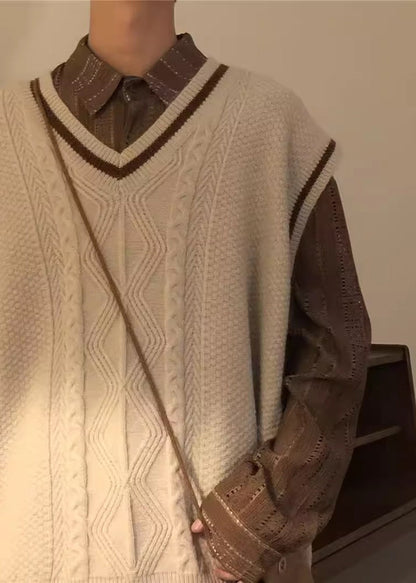 Casual Apricot V Neck Cozy Cable Knit Men Vest Sleeveless