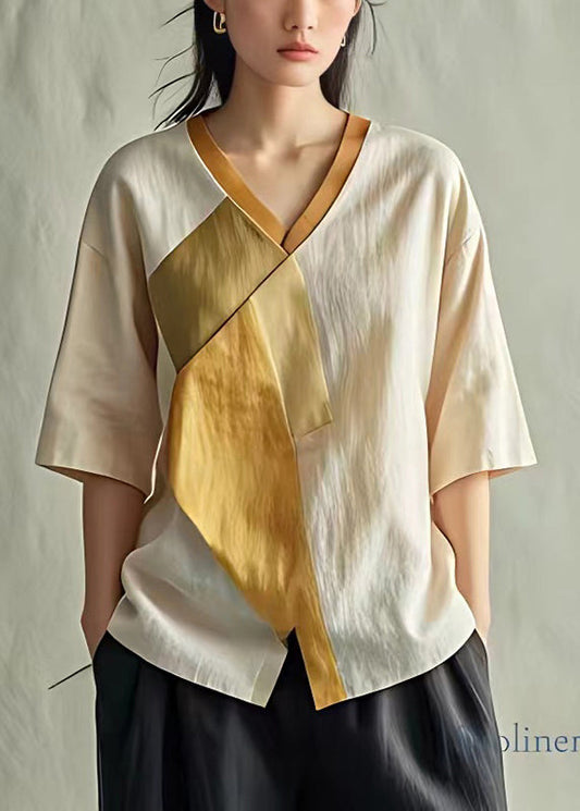 Lässige Aprikose V-Ausschnitt Patchwork Leinen Bluse Top Sommer