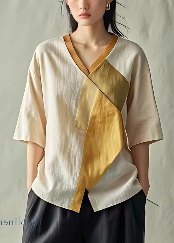 Lässige Aprikose V-Ausschnitt Patchwork Leinen Bluse Top Sommer