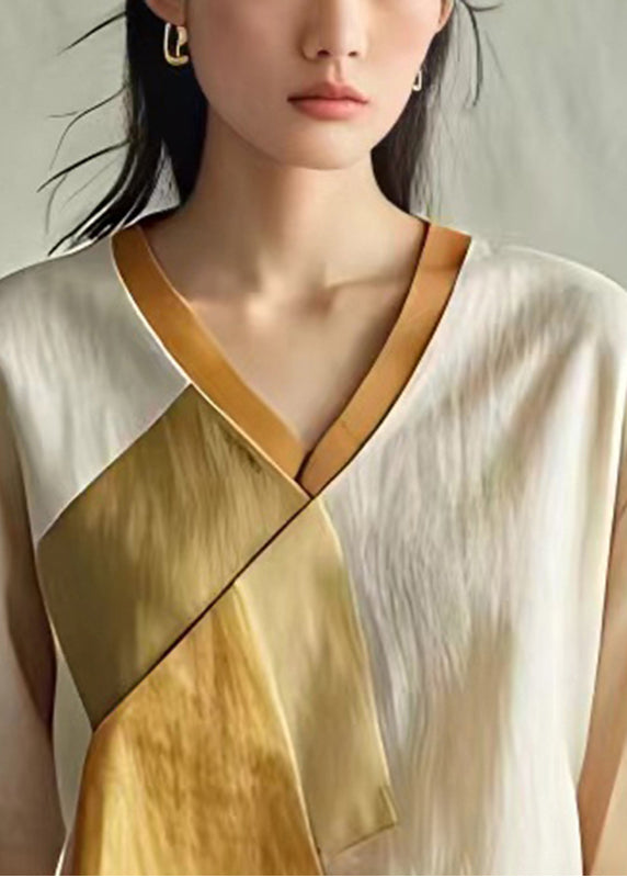 Lässige Aprikose V-Ausschnitt Patchwork Leinen Bluse Top Sommer