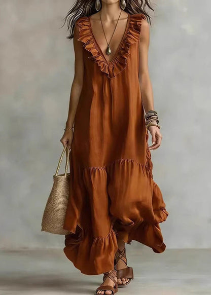 Casual Apricot V Neck Ruffled Patchwork Solid Maxi Dress Summer