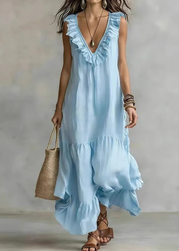 Casual Apricot V Neck Ruffled Patchwork Solid Maxi Dress Summer