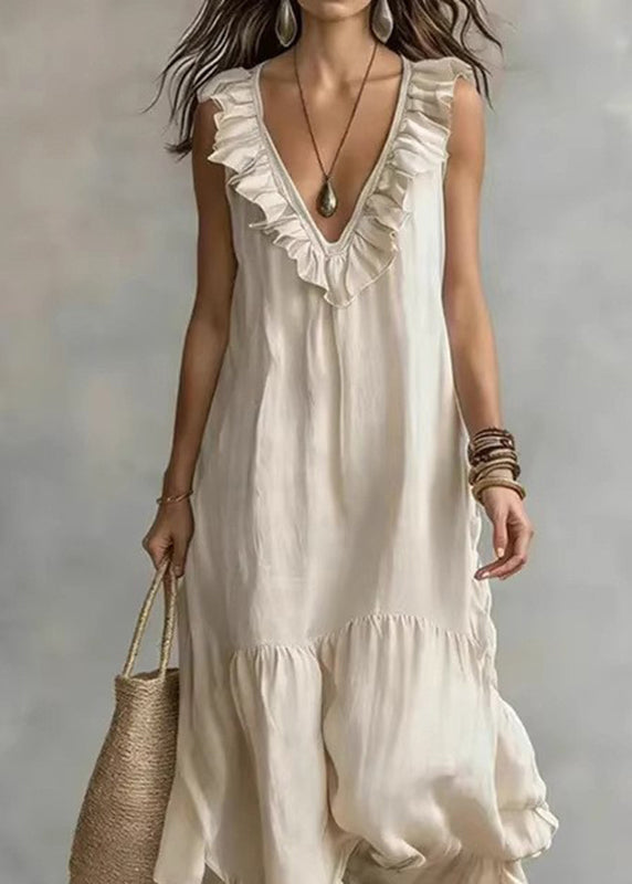Casual Apricot V Neck Ruffled Patchwork Solid Maxi Dress Summer