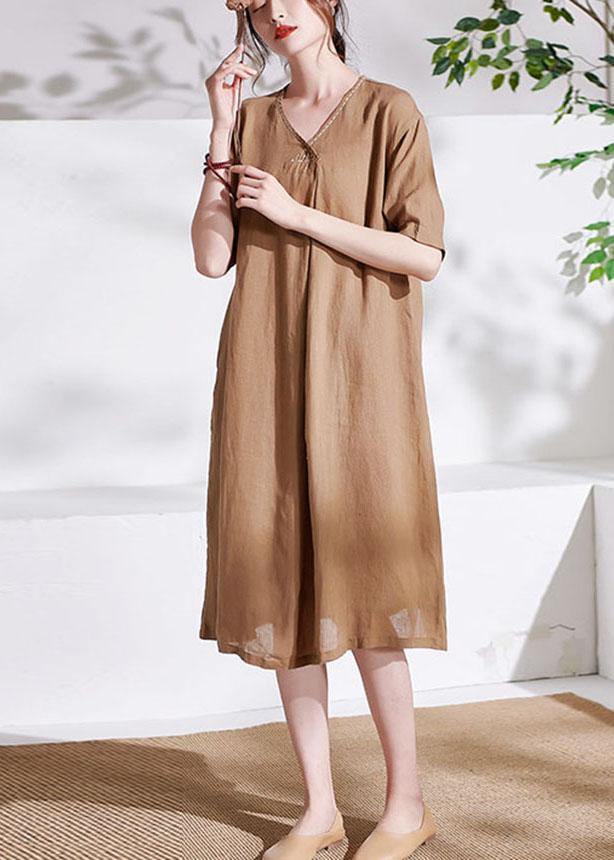 Casual Apricot V Neck lantern Sleeve Summer Linen Sundress Half Sleeve - SooLinen