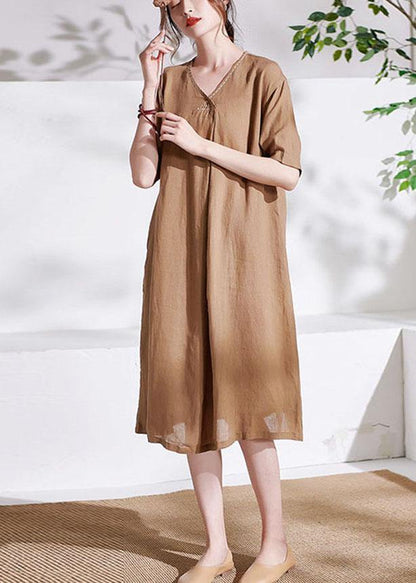Casual Apricot V Neck lantern Sleeve Summer Linen Sundress Half Sleeve - SooLinen