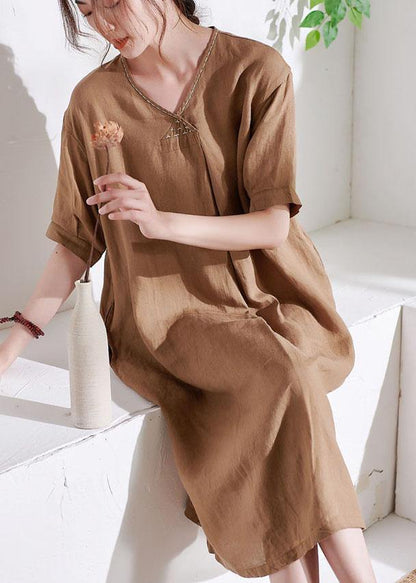 Casual Apricot V Neck lantern Sleeve Summer Linen Sundress Half Sleeve - SooLinen